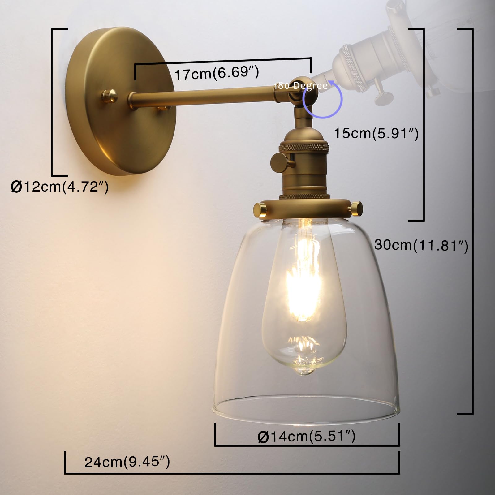 Pathson Vintage Wall Sconce Lighting, Antique Brass, Clear Glass Shade, Model YT010-D, Ideal for Living Room, Bathroom, Garage, Porch