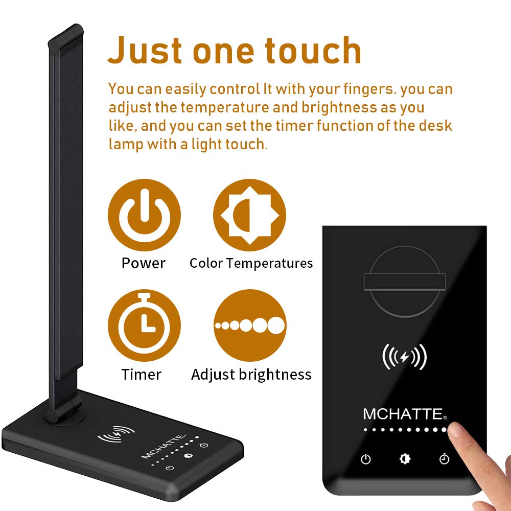 MCHATTE LED Desk Lamp with Wireless Charger, Dimmable Light, Touch Control, Black, Model 009A
