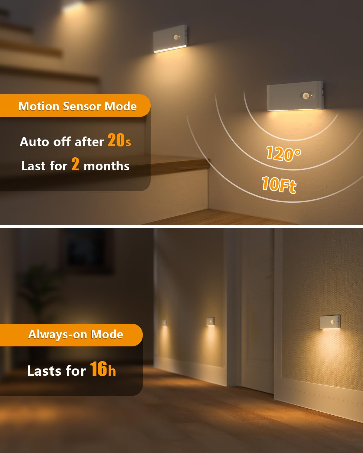 WILLED Motion Sensor Night Light - Rechargeable 6 Pack, Warm White Battery Operated for Indoor Use, Ideal for Hallway, Stairway, and Bathroom