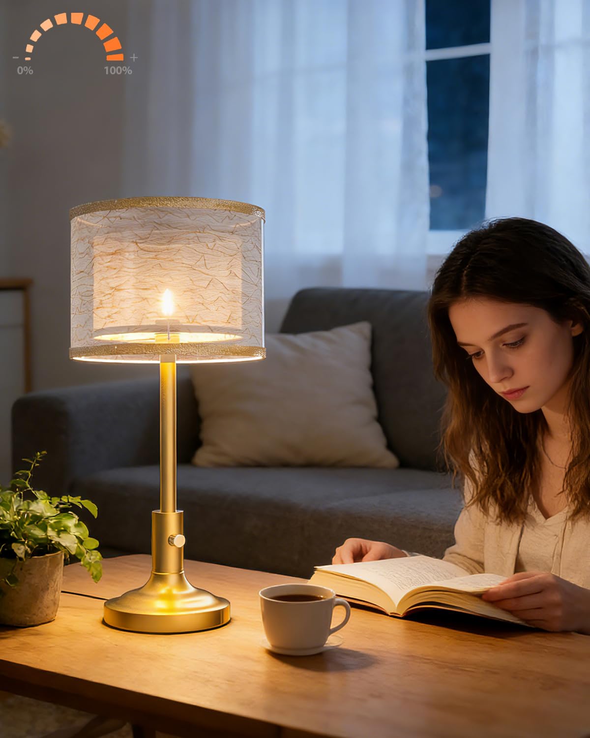 Lightdot Mid Century Table Lamp for Bedroom, Vintage Gold Dimmable Table Lamp with 2-Layer Lampshade, Farmhouse Bedside Lamp Nig