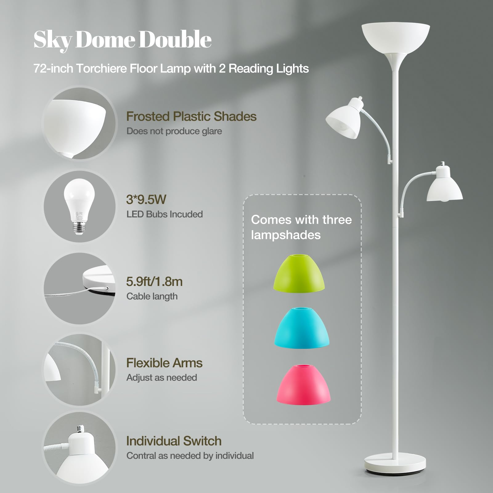 Luvkczc White Floor Lamp, 72'' Tall Standing Floor Lamp With 5 Replace Lampshades, Torchiere Lamps With 8W Adjustable Reading Li