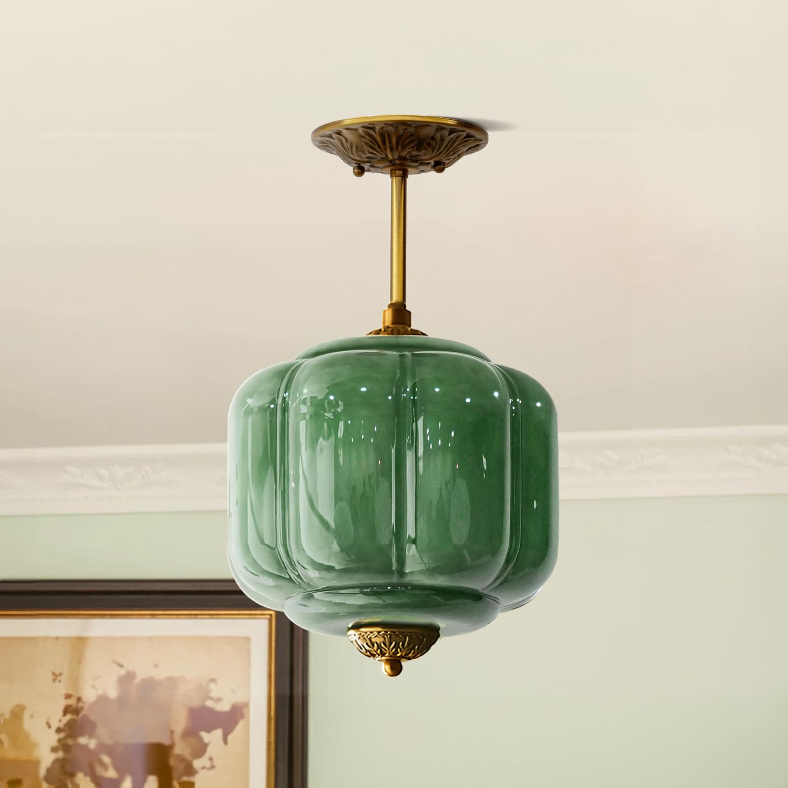 Ckensu Milk Glass Ceiling Light Fixture - Antique Brass Semi Flush Mount Pendant Light For Kitchen, Hallway, And Bedroom (Green,
