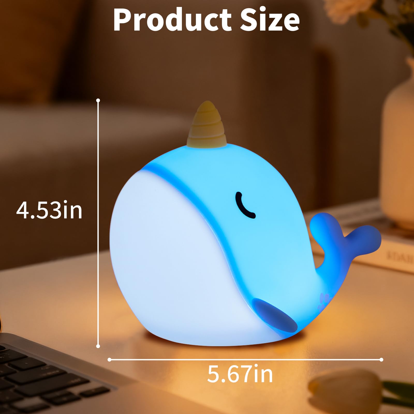 Hpydiy Cute Narwhal Night Light  Tap Control With 3 Warm White Brightness  Usb Kids Bed Lamp With 30-Minute Timer  Soft Silicone Glow For Nursery  Birthday Gift(Blue Narwhal)