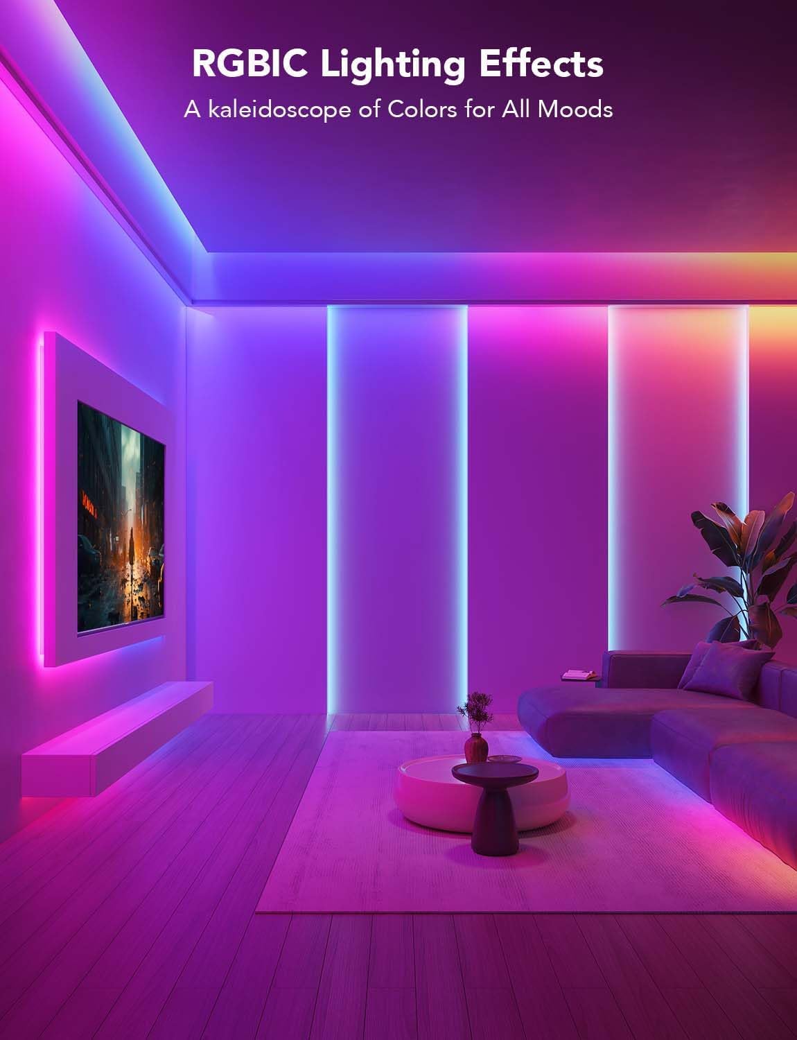 Govee Rgbic Led Strip Lights 65.6Ft, Multicolor Bluetooth App Control, Music Sync, Model H617E
