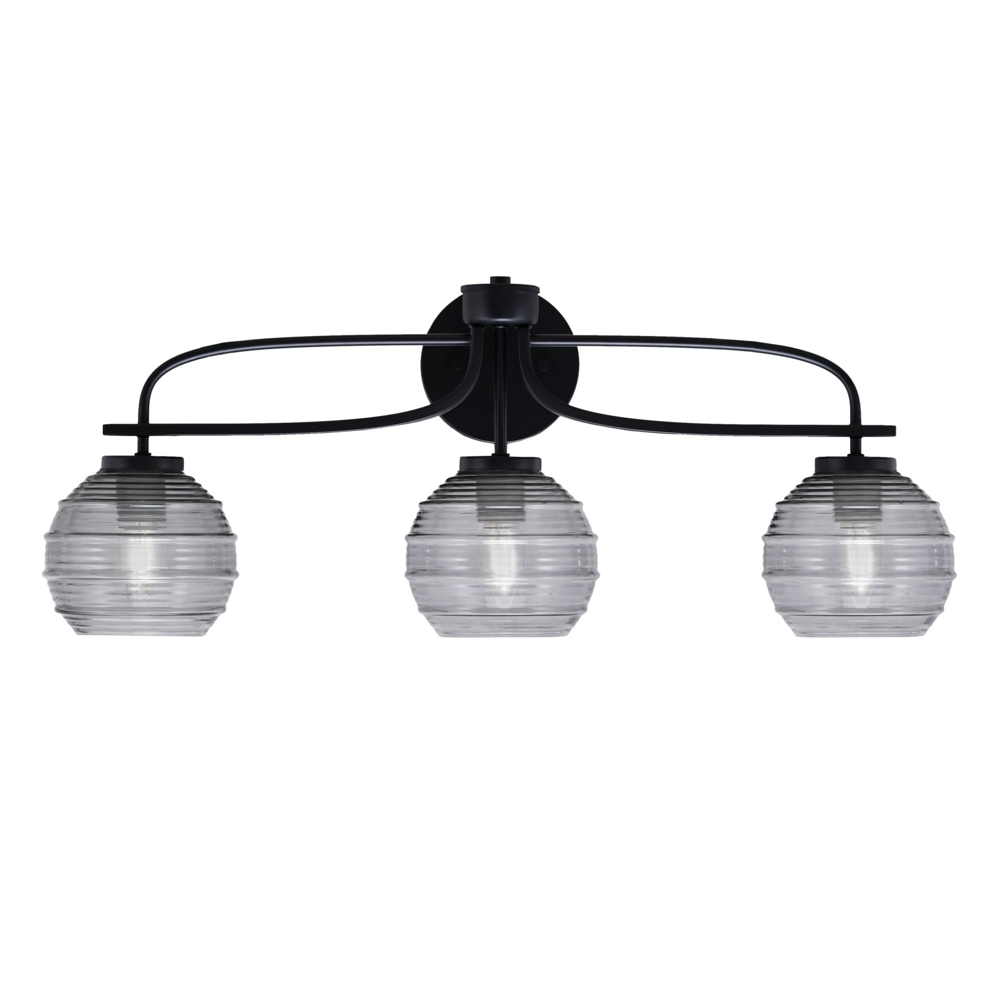 Cavella 3 Light Bath Bar Shown In Matte Black Finish With 6" Smoke Ribbed Glass