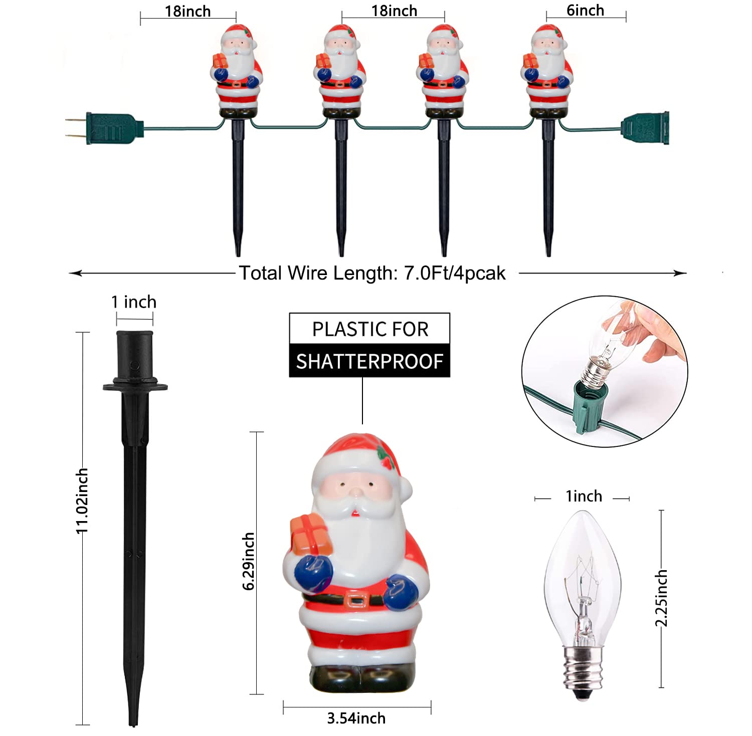 GOOTHY Santa Christmas Pathway Lights, 14FT C7 Outdoor String Lights with 8 Marker Stakes, Plastic Decorations for Yard Garden Walkway