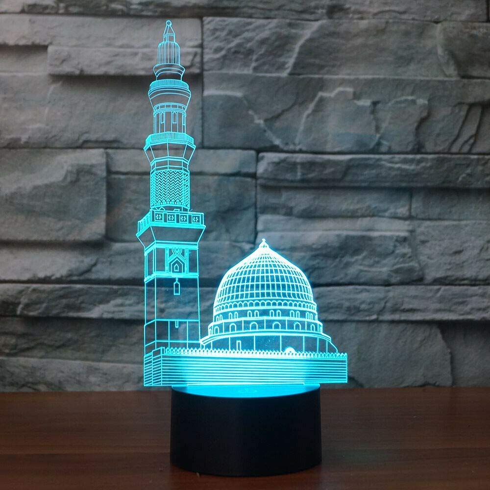 Fxuslgt 3D Islamic Muslim Castle Night Light Powered Remote Control Touch Switch 16 Color Change Led Table Desk Lamp Home Decora