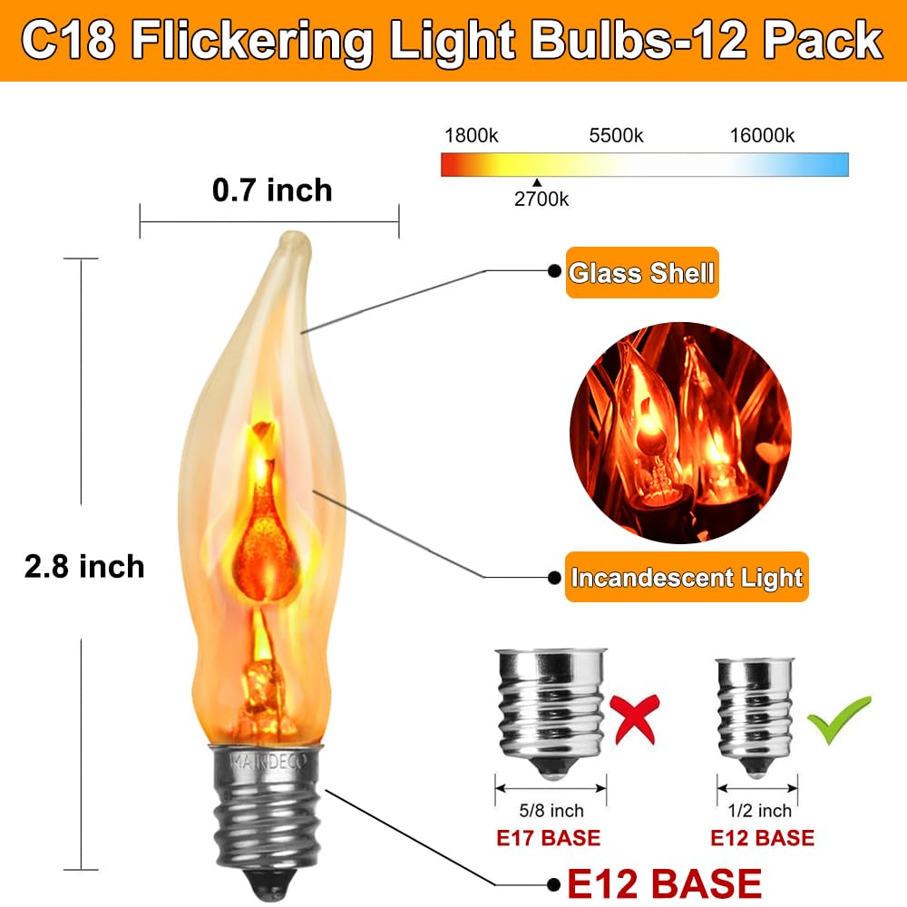 Couah Flicker Flame Light Bulb - Clear Flame Tip Candelabra Bulbs, E12 Base, 120V, 12 Pack