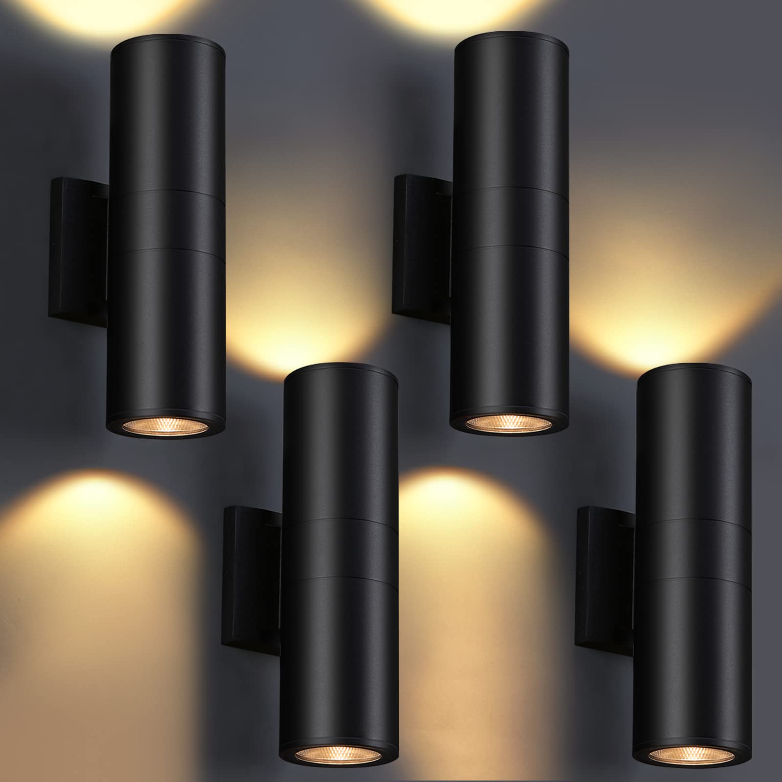 DAKAFUL Outdoor Wall Lights, 12W Integrated LED Up Down Cylinder, 4 Packs, Black, Tempered Glass