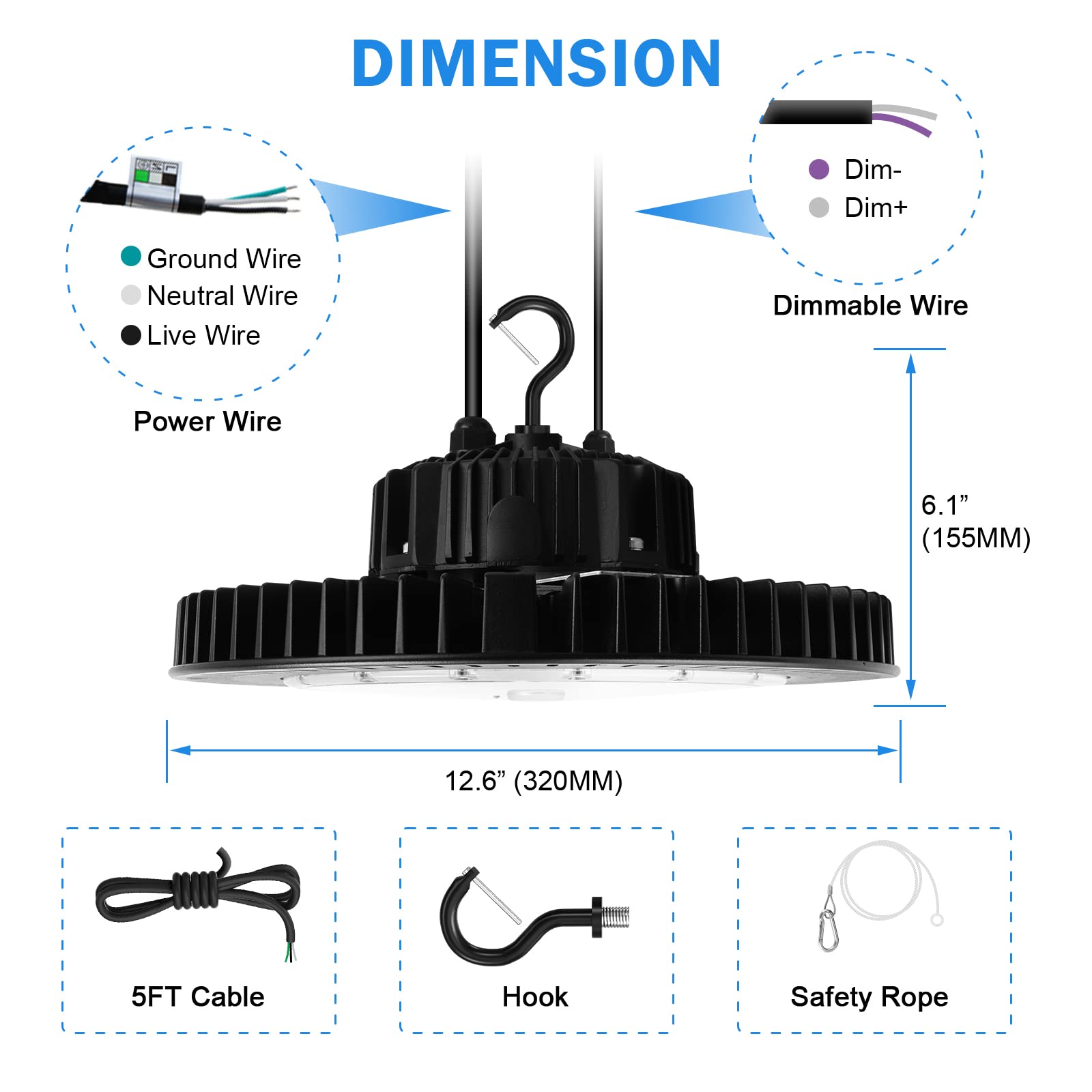 OPENLUX 150W UFO LED High Bay Light 21750LM Dimmable 5000K Flat Black Model CR-IHBUFO-150W-KR UL DLC Approved