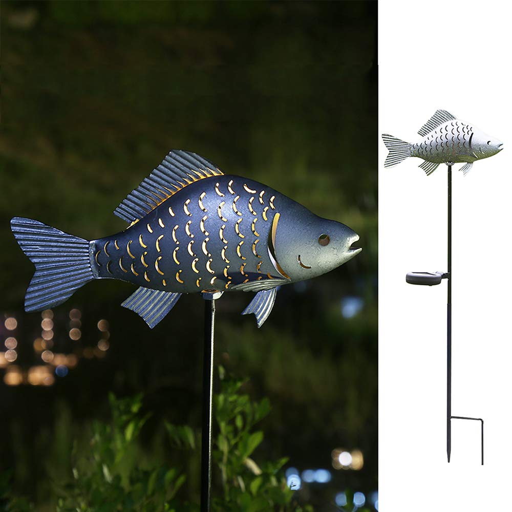 KAIXOXIN Solar Garden Lights Metal Fish Decorative Stake, Warm White LED, Silver-1, Model DSM016S