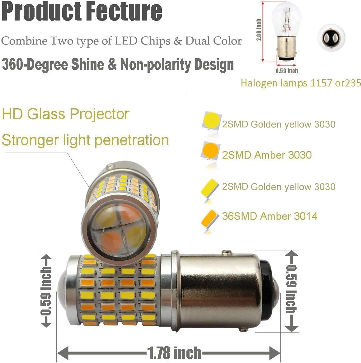 iBrightstar 1157 LED Bulbs Switchback for DRL/Turn Signal, Gold Yellow/Amber