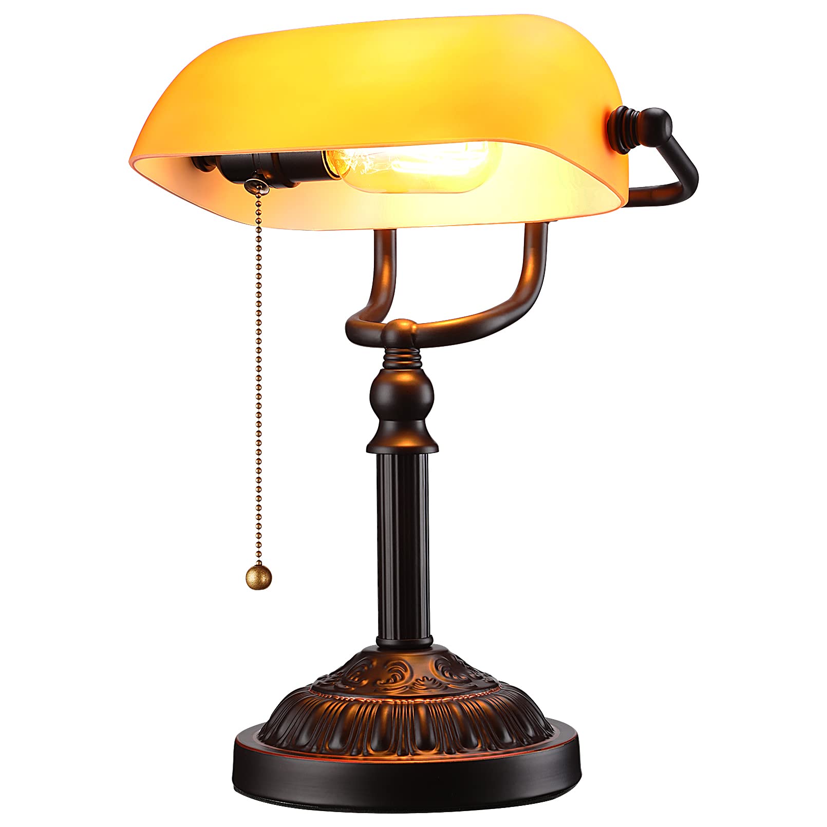 TORCHSTAR Bankers Desk Lamp Amber Glass Shade Bronze Base E26 Vintage Library Lamp Matted Orange Model 35092