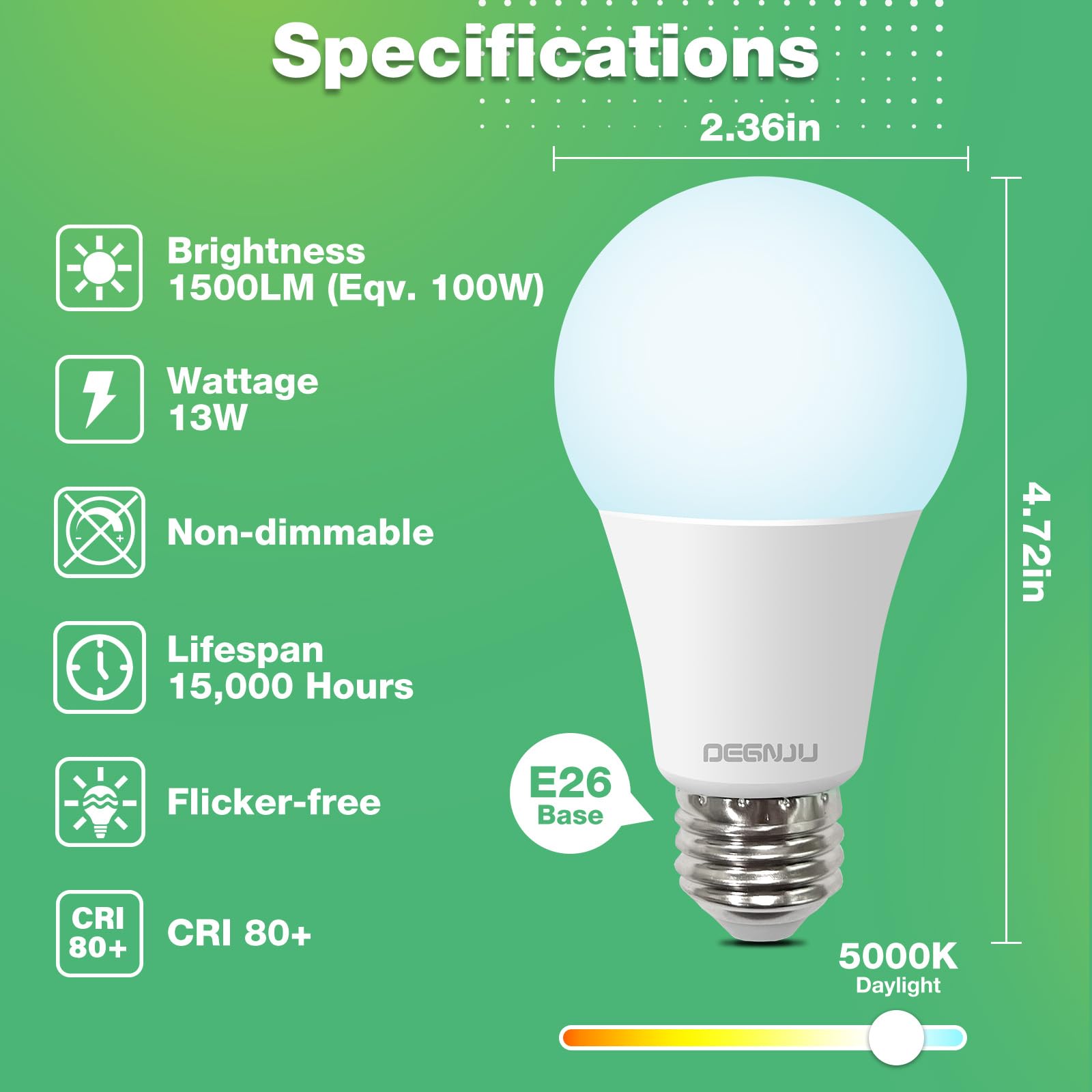 DEGNJU LED Light Bulbs A19, 100W Equivalent, 2700K Soft White, 1500 Lumens, E26 Base, Non-Dimmable, 3 Pack