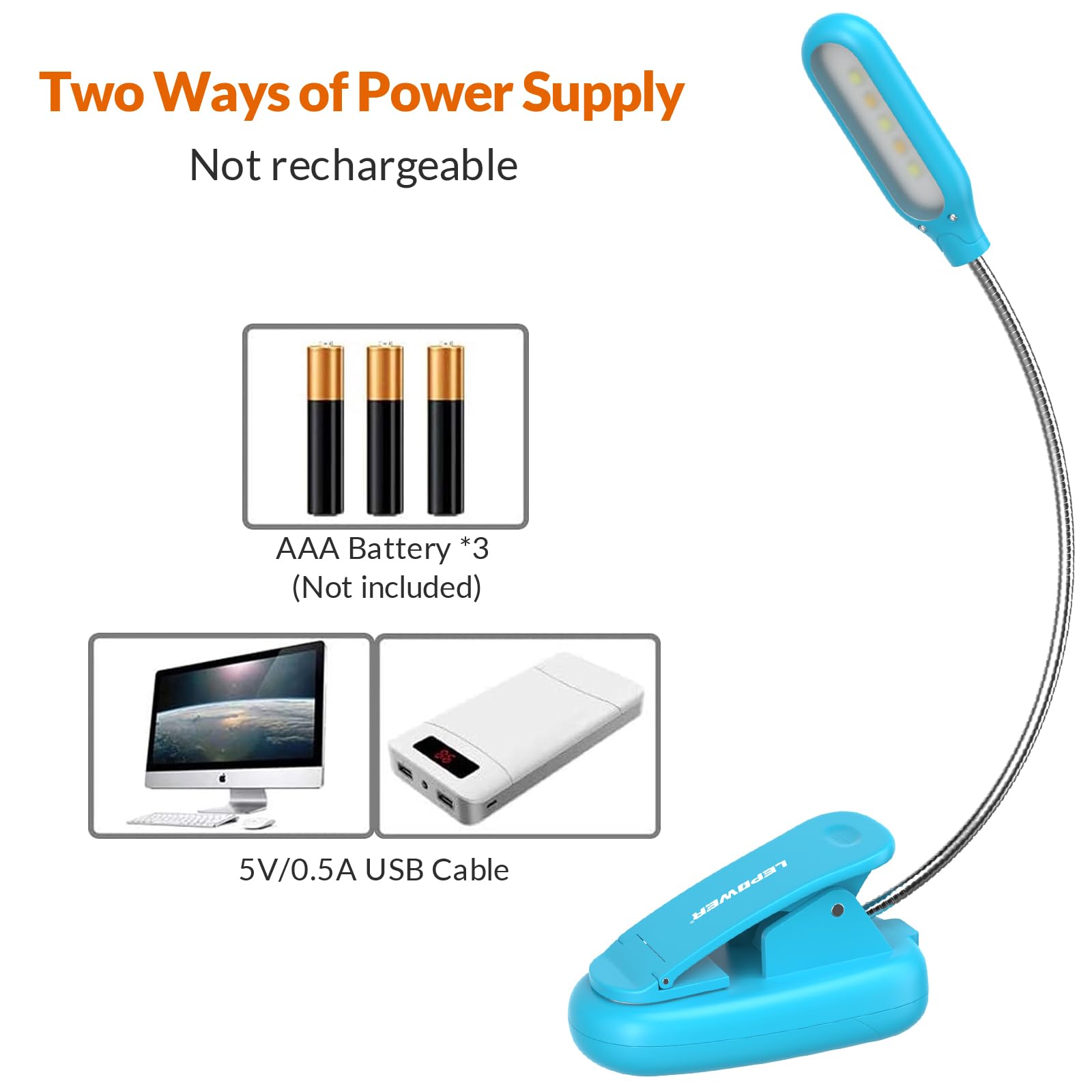 Lepower Clip On Book Light/Reading Light/Clip Light With 5 Led Eye Care, 3 Color Changeable, Portable Reading Lamp, Battery Oper