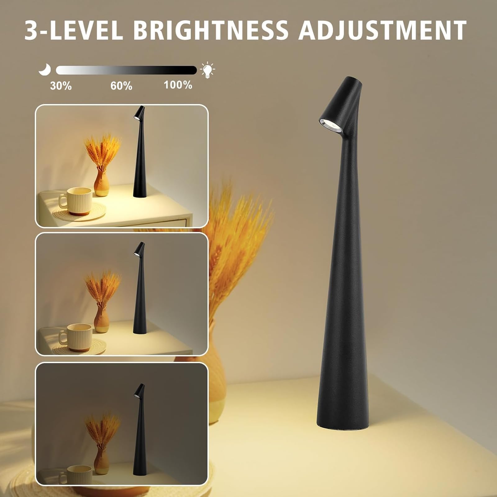 Hebangya Cordless Small Table Lamps,3 Levels Brightness Portable Desk Lamp,Rechargeable Battery Lights For Outdoor, Restaurant, Bedside, Baby Night Light,Gifts(Black)