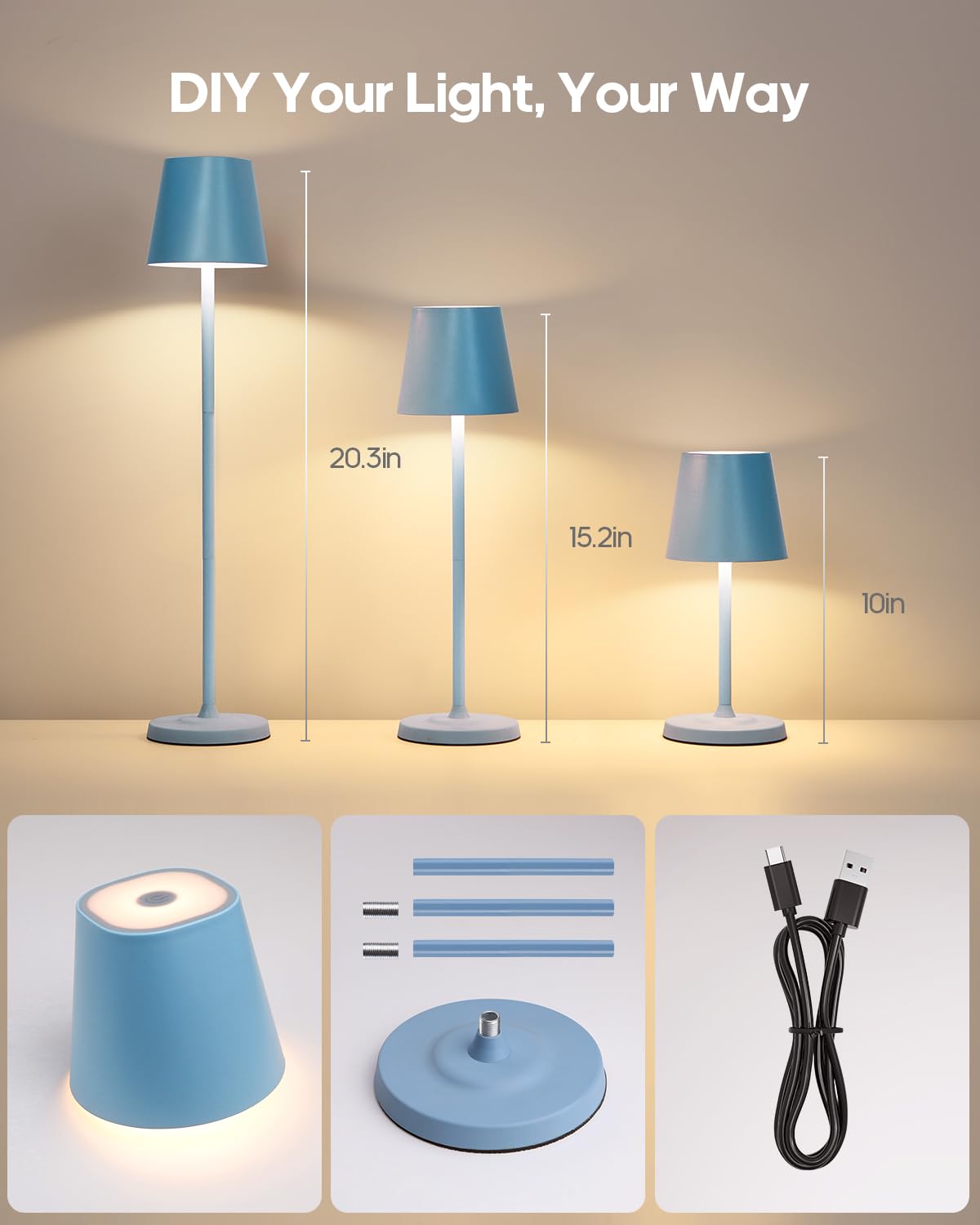 GOODEA LED Cordless Table Lamp, 3-Height Adjustable, Rechargeable, 2 Packs, Blue, Model GDTL004-1pc-BU