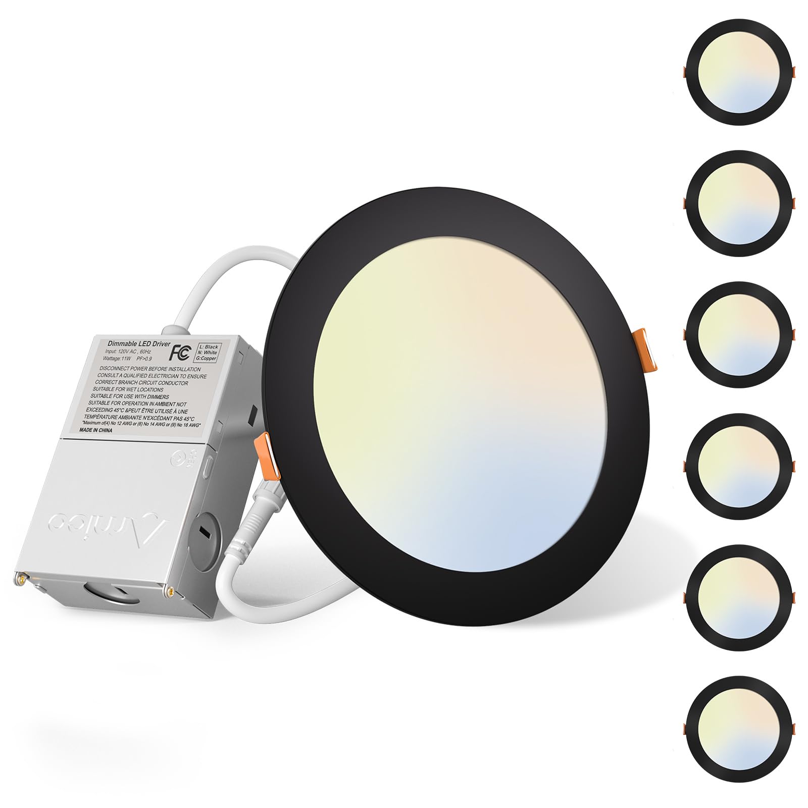 Amico 6 Pack 6 Inch 5CCT Ultra-Thin LED Recessed Ceiling Light with Junction Box, 2700K/3000K/3500K/4000K/5000K Selectable, 12W 