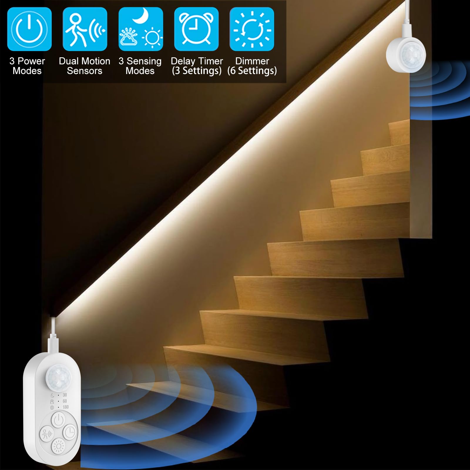 GOOMEEYA Dual Motion Sensor LED Stair Light Strip - 32.8FT Warm White (3000K), Plug-in, Timer, Dimmer, Model GD10WW0