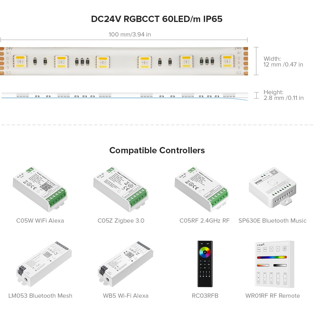 BTF-LIGHTING LED Tape Lights RGBCCT 5050SMD 300LEDs 16.4FT DC24V IP65 for Home Decoration