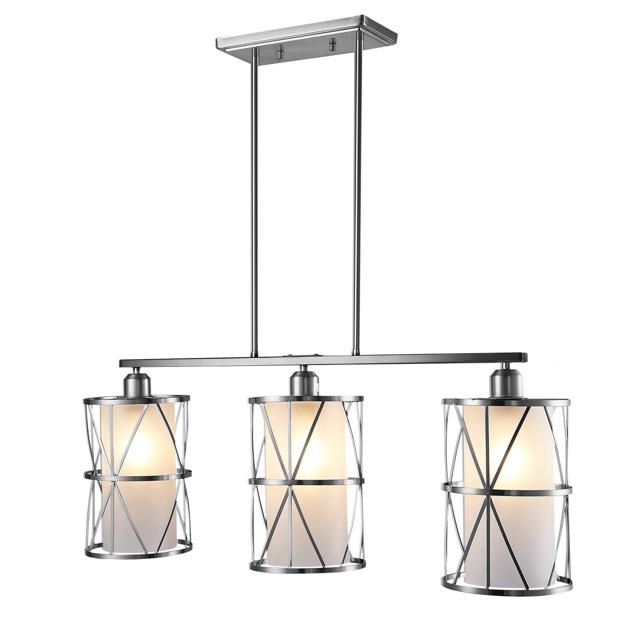 Shengqingtop 33&quot; Modern Kitchen Island Lights With Cylindrical Frosted Glass Shade, 3-Light Dining Room Lighting Fixtures Hanging, New Transitional Multi Pendant Lighting, Brushed Nickel Finish