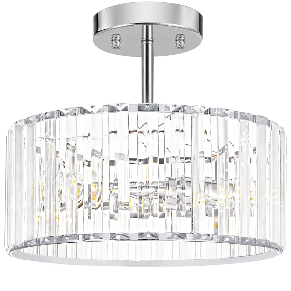 Lxybcce Modern Crystal Ceiling Light  Chrome Semi Flush Mount Ceiling Lighting Fixture  Hallway Light Fixtures Chandelier For Kitchen  Bedroom Dining Room Hallway Closet  3-Light  12 Inch