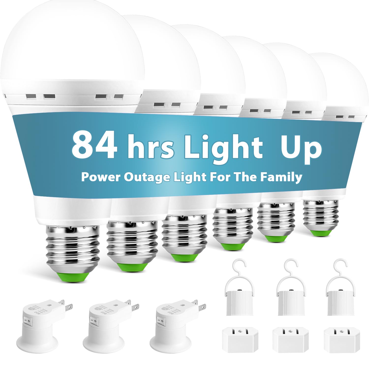SORHE LIDKO Emergency Rechargeable LED Light Bulbs, 12W Equivalent, Battery Powered, White, 6 Pack, Includes Plug Caps and Hooks