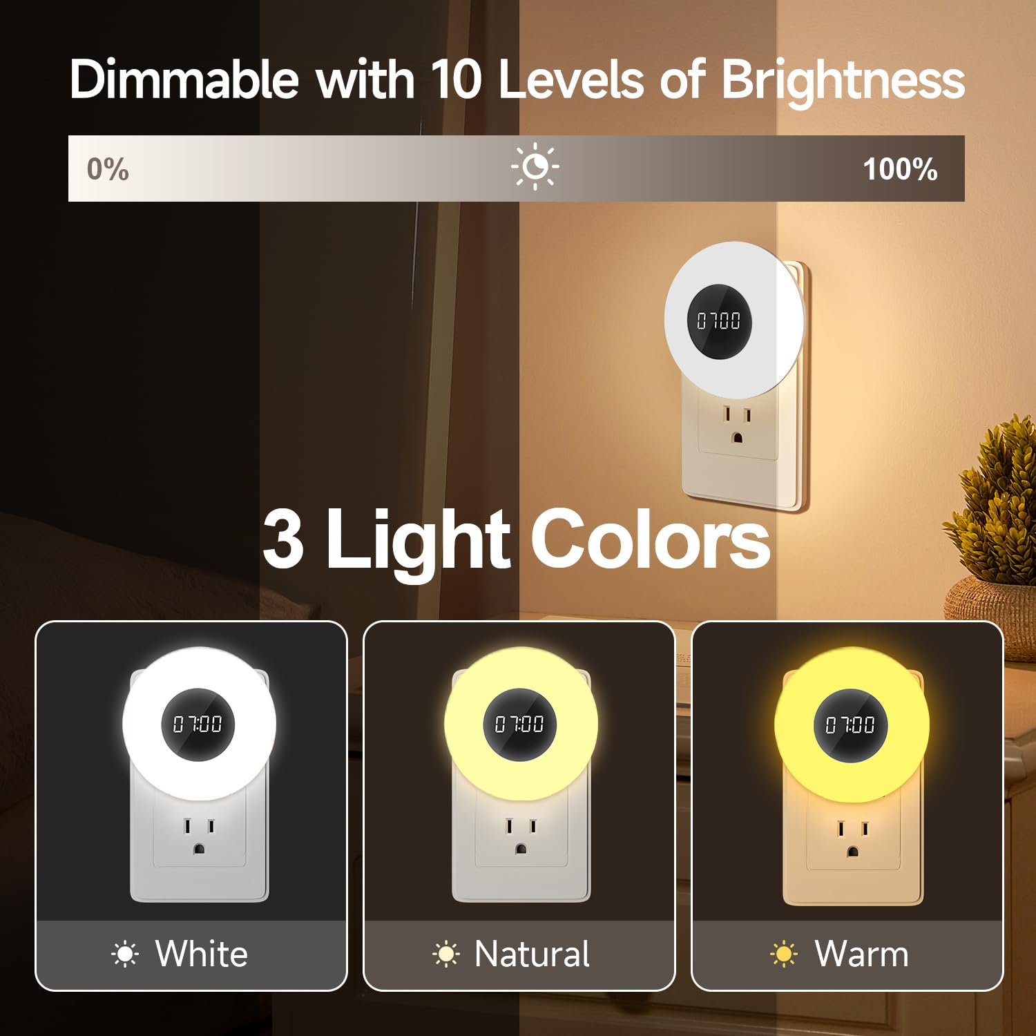 One Fire Kids' Nightlights with Clock & Remote, 3 Color Dimmable, Auto Timer, Plug-in, White, 1 PCS for Bathroom & Toilet