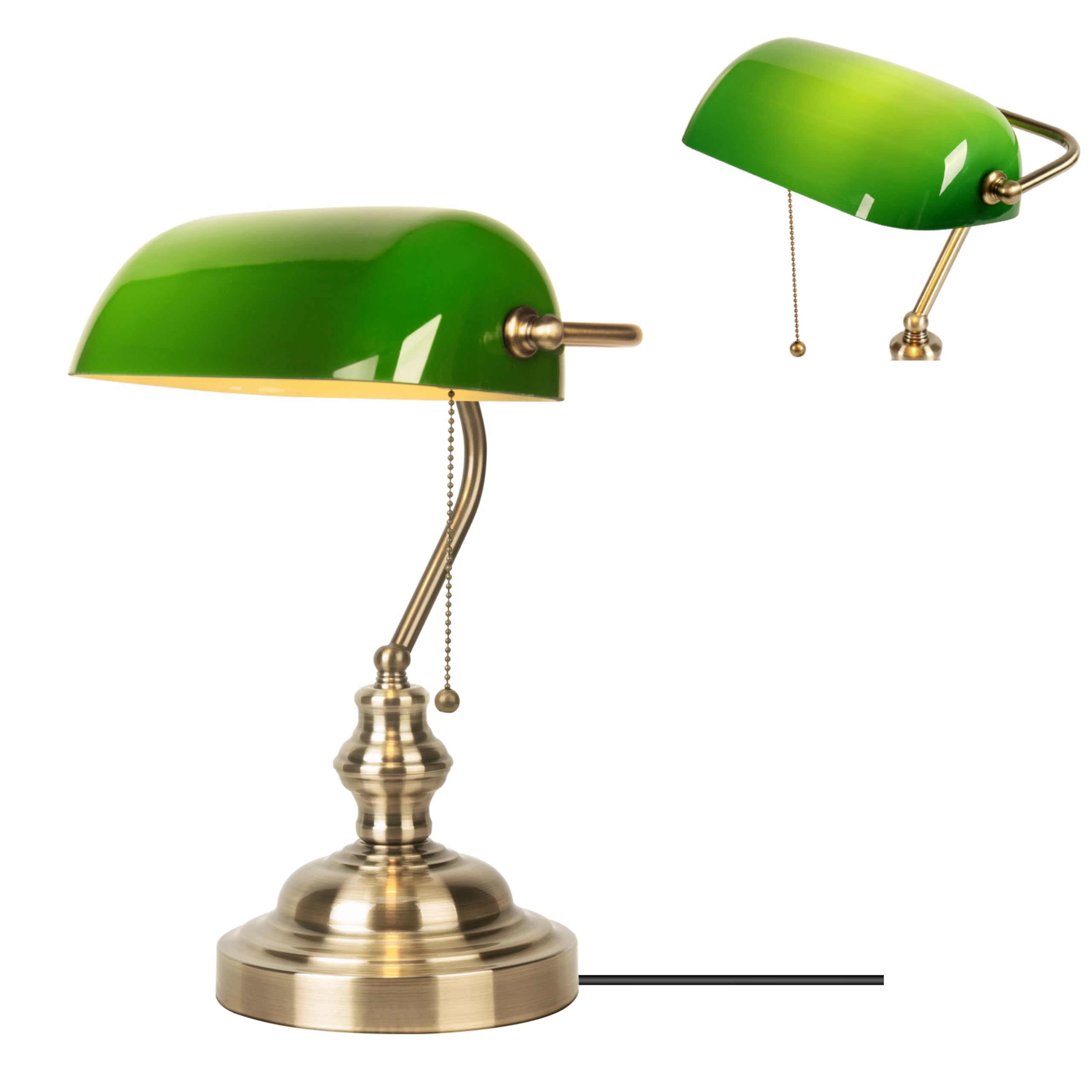 JCPYIUL Green Glass Bankers Desk Lamp,Antique Desk Lamps with Brass Base, Traditional Library Lamp with Pull Chain, E26 Base, Vi