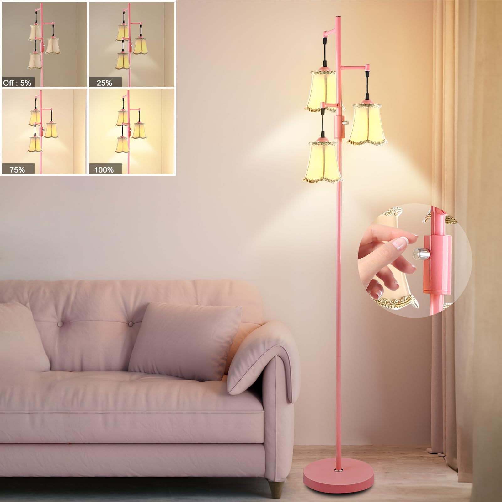 Lightdot 66'' Dimmable Floor Lamp For Living Room, Industrial 3-Light Tree Floor Lamps With Led E26 Bulbs Included, Mid Century 
