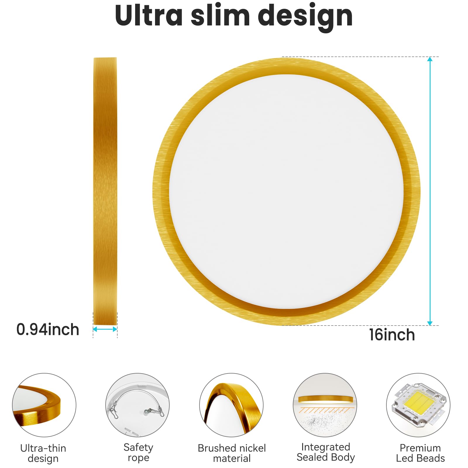 libtit 16-Inch Flush Mount LED Ceiling Light, 36W 3600lm, Adjustable 3000K-6500K, Gold Satin, 2 Pack