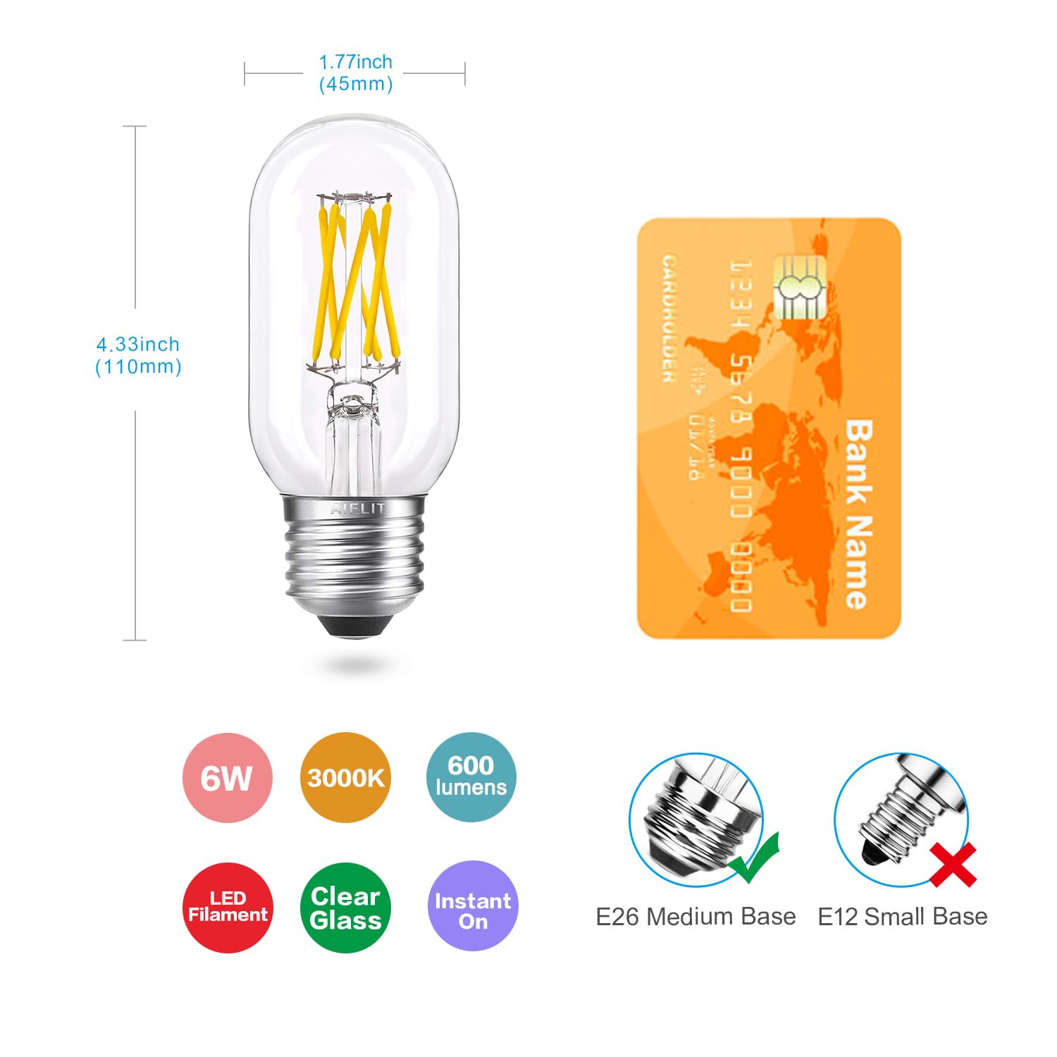Aielit T45/T14 6W E26 Led Tube Bulb 60 Watt Equivalent, Dimmable(0-100%), Soft White 3000K, Antique Edison Filament Light Bulbs