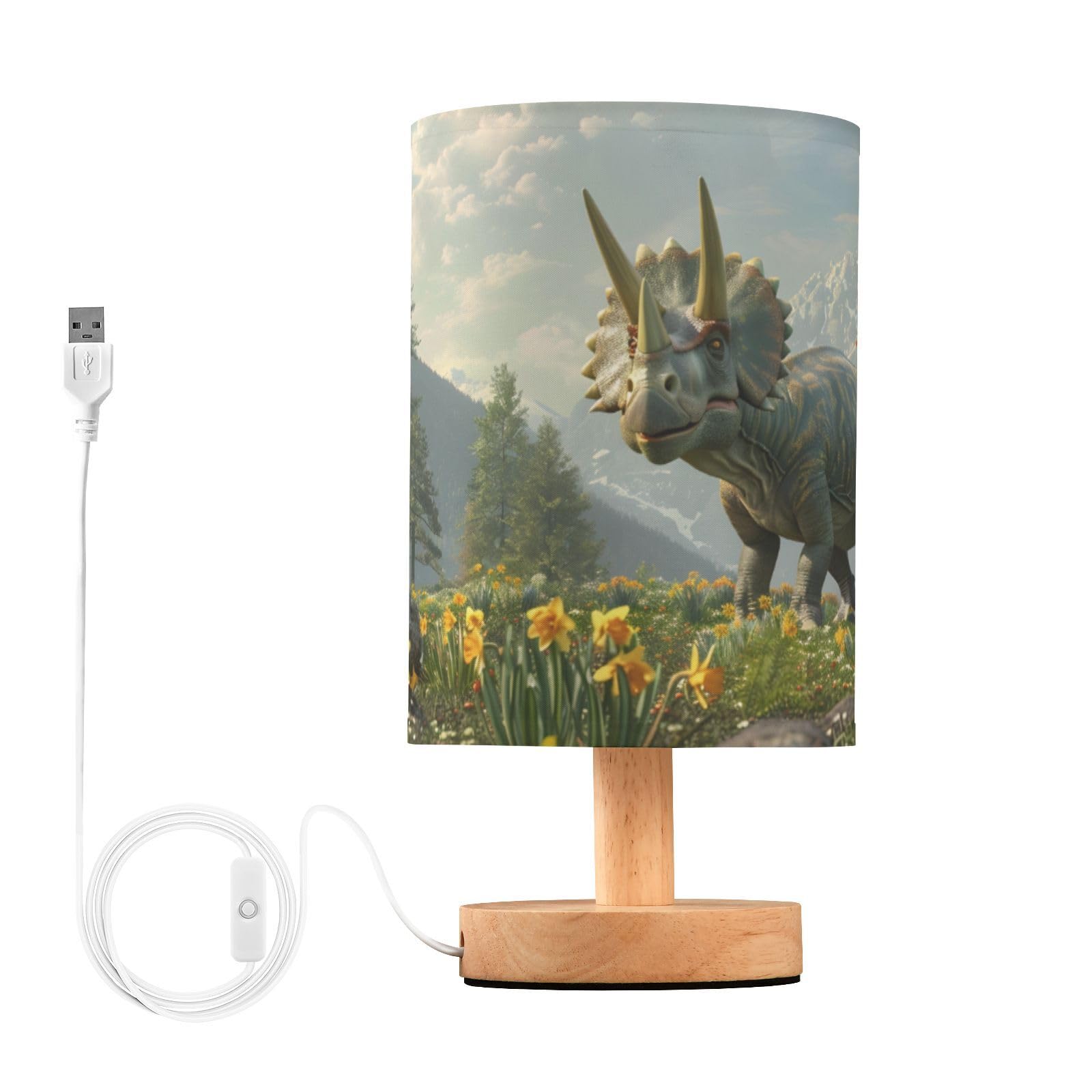 BOENLE Bedside Lamp Dinosaur Mountain Table Lamp for Bedroom LED Nightstand Lamp Shade USB Ports Wood Base for Living Room Dorm 