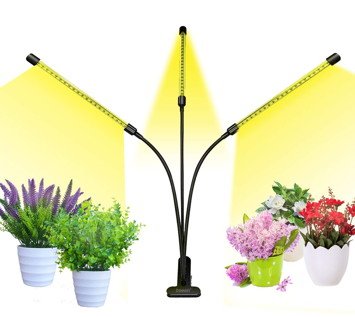 bseah Grow Light for Indoor Plants, Full Spectrum, 3 Goosenecks, Clip-On, Yellow, 10 Dimmable Settings, Timer ???????