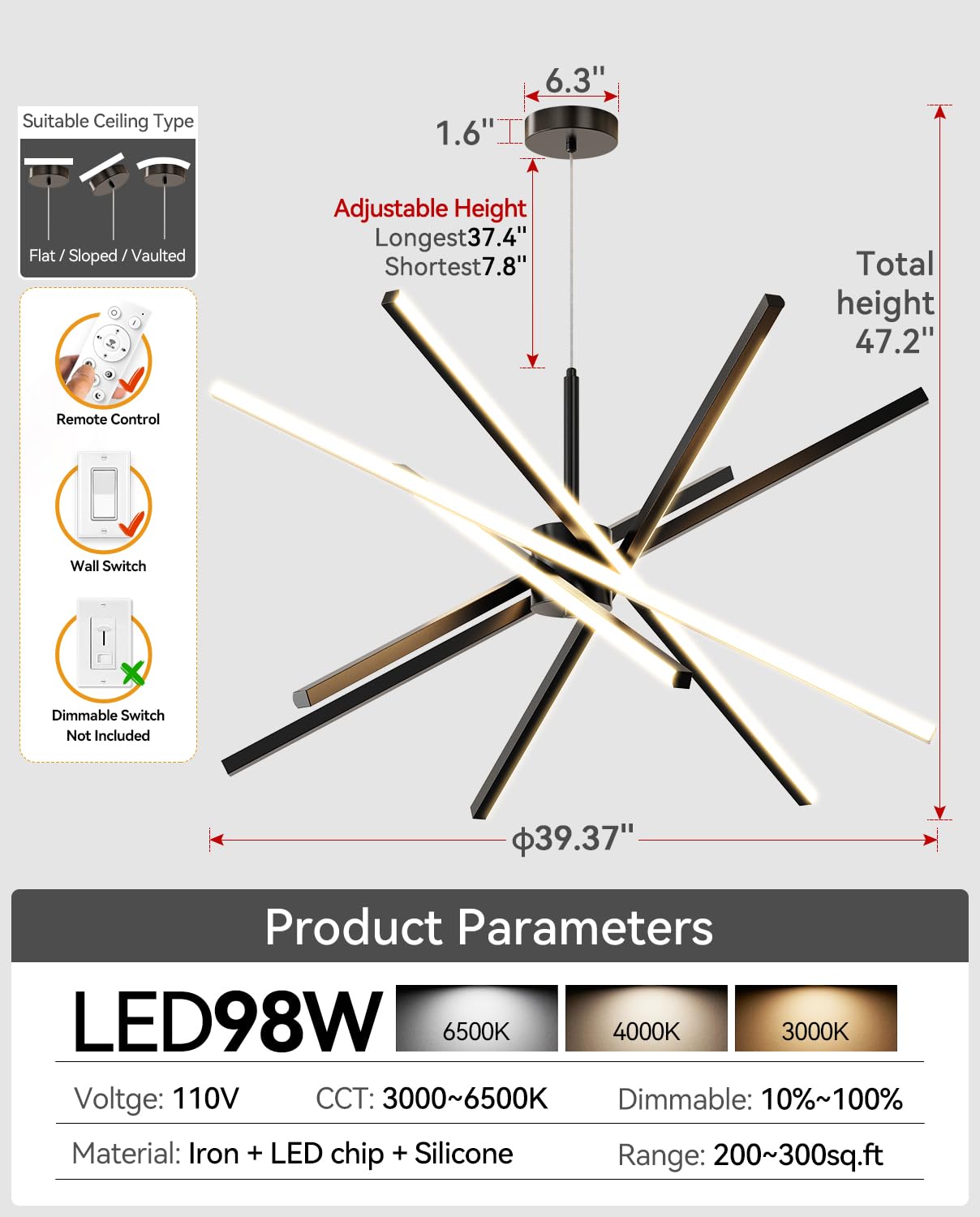 Modern Sputnik Chandelier Ceiling 82W Led Gold Pendant Light Embedded Mount Chandeliers Dining Room Light Fixtures Over Table Di