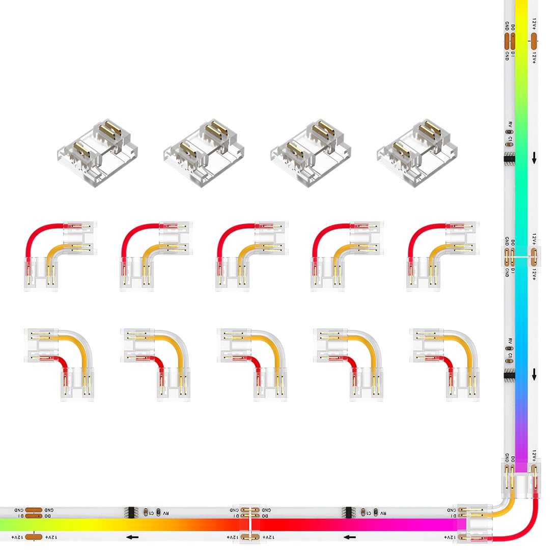 BTF-LIGHTING FCOB COB 3pin 10mm Solderless Connector Kit 4pcs Strip to Strip 5 Pairs L-Shaped/Corner Connector for 3Pin SPI COB 
