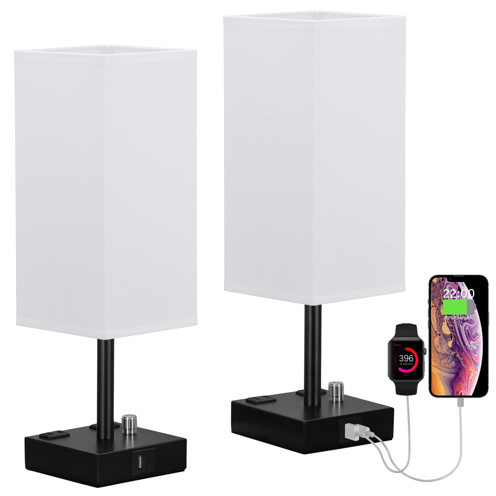 White Fully Dimmable Nightstand Lamps Set of 2 - Table Bedside Lamp with USB C+A Charging Ports & 2 AC Outlets, Square Lamp Sets