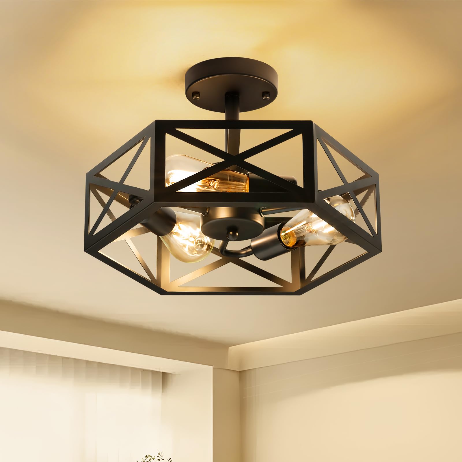 Oteedo Modern Semi Flush Mount Ceiling Light 3-Light Hexagon Flush Mount Ceiling Lights For Dining Room Light Fixture Farmhouse Black Metal Kitchen Island Lighting Fixtures For Hallway Bathroom