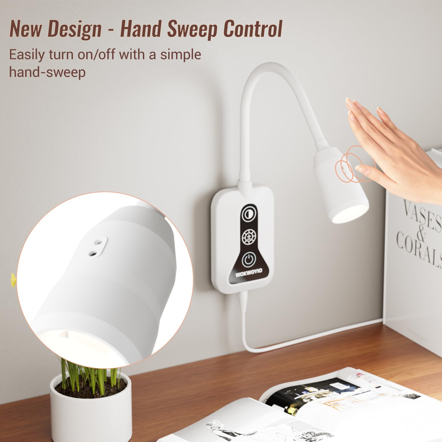 WOKWOYIO Wall Mounted Reading Light with Hand Sweep Sensor, USB Output, 5 Color Dimmable, 2 Pack, White, Model XCCX004-US-BK
