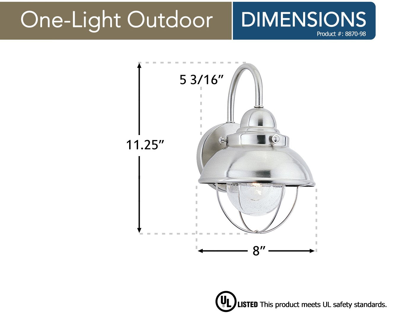 Sea Gull Lighting One-Light Outdoor Wall Lantern, Brushed Stainless Steel, Clear Seeded Glass Diffuser, Model 8870-98