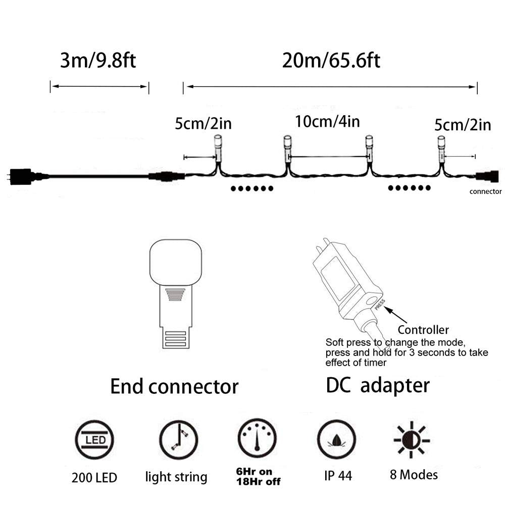 YASENN String Lights 200LED 66Ft Fairy Lights with Timer, 8 Lighting Modes, Multicolor LED Green Cable