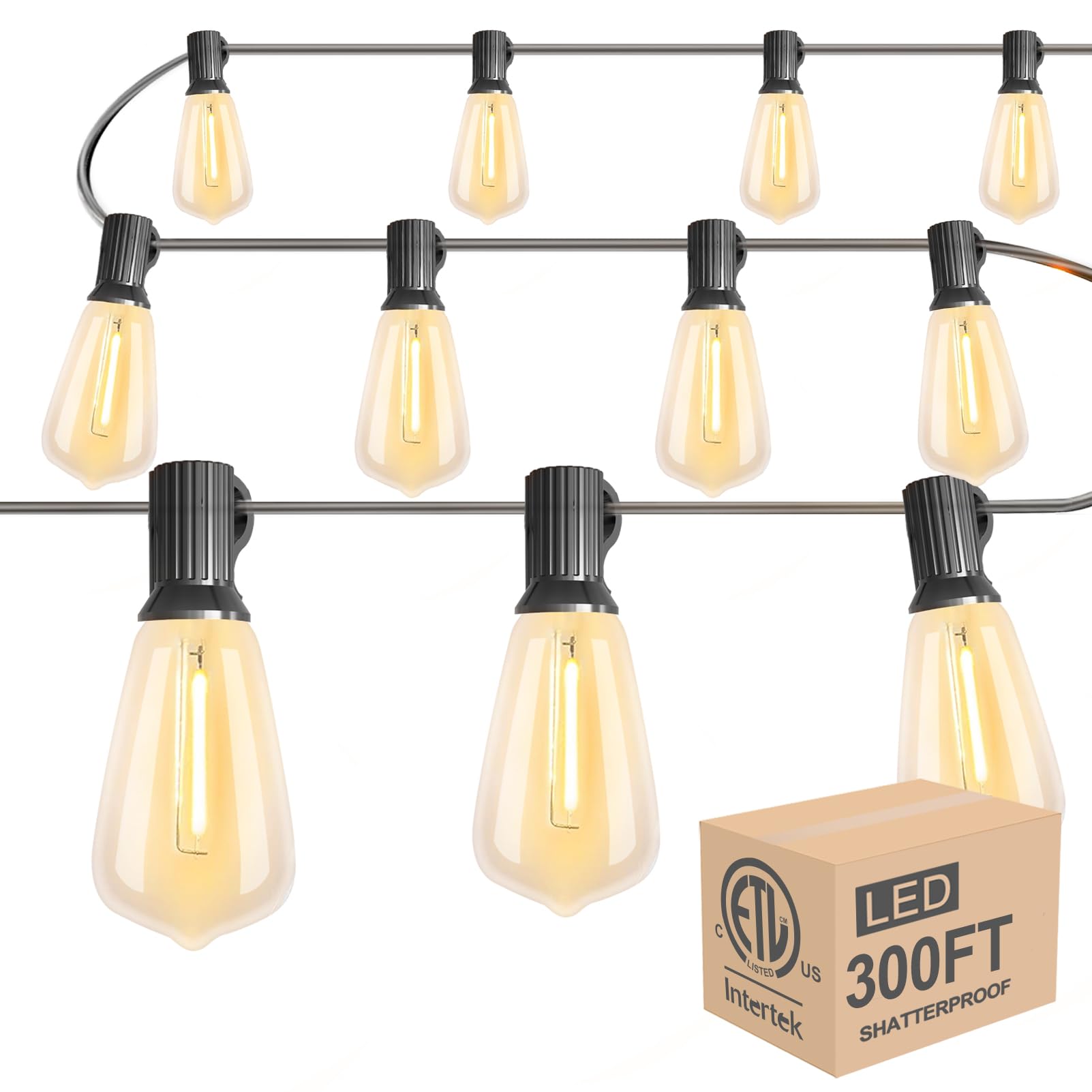 Lightdot LED Bistro String Lights, Shatterproof Vintage Bulbs, 300FT, Dimmable, Waterproof, Black, Model LST-ST38-2