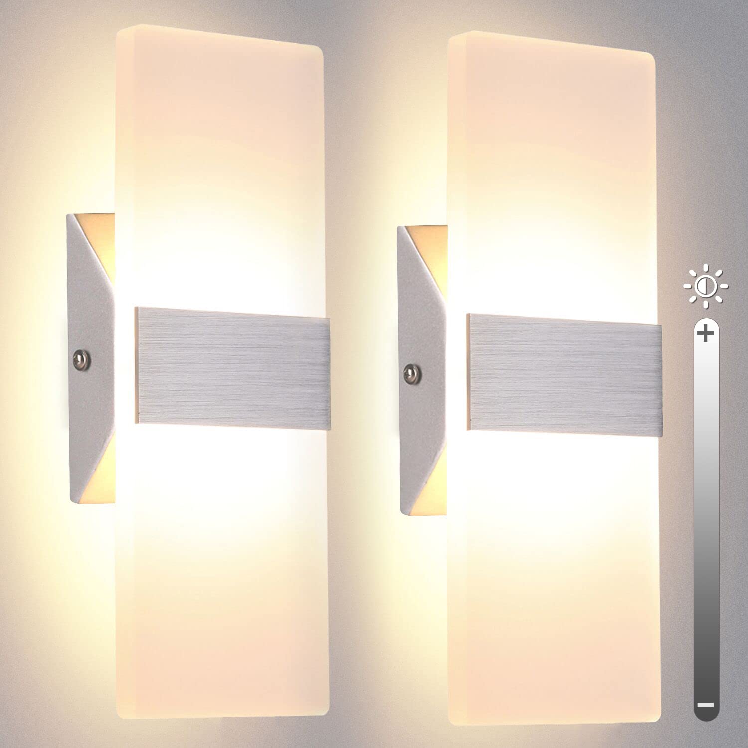 TRLIFE Wall Sconces Set of 2, Dimmable LED 12W 3000K Warm White, Silver Brushed Aluminum, Model YKL-Sconce-3000K