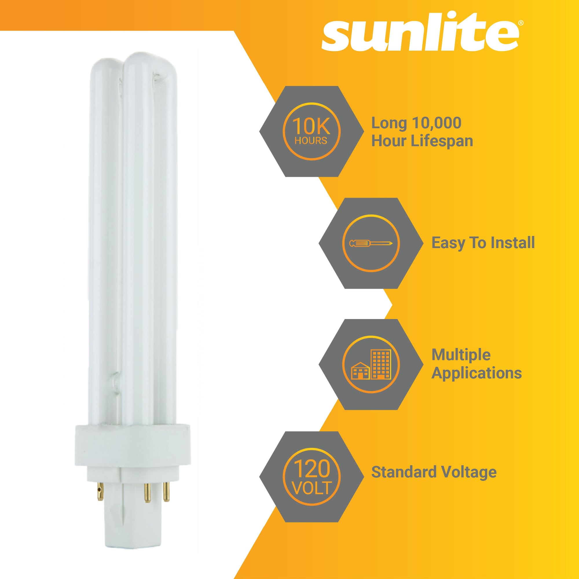 Sunlite PLD13/E/SP30K Compact Fluorescent PLD 4-Pin Double U-Shaped Twin Tube, 13 Watts, 120 Volts, 780 Lumens, 3000K Warm White