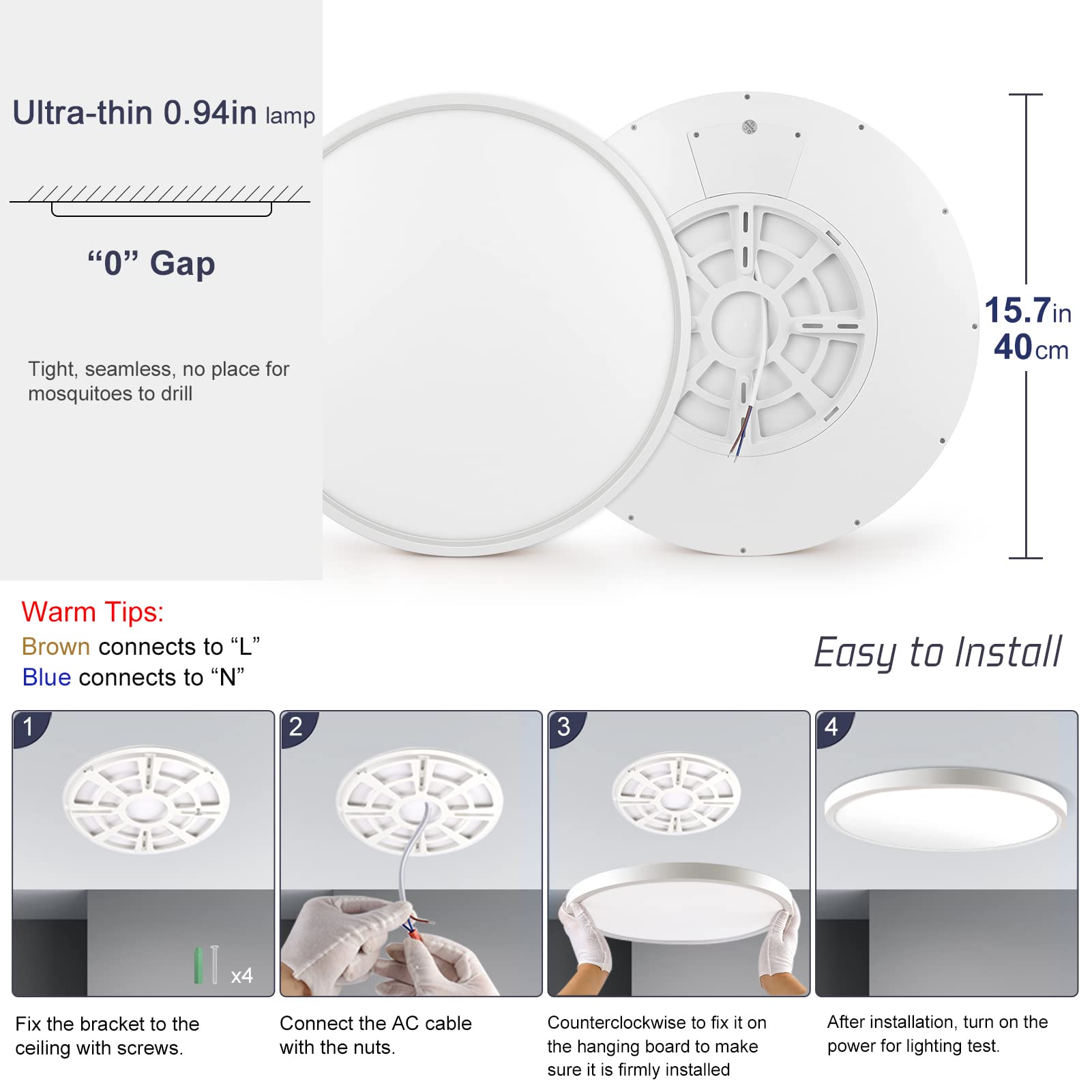 Lightingwill 15.7 Inch Led Flush Mount Ceiling Light Fixture, 6000K Cool White, 3800Lm, 32W, Flat Modern Round Lighting Fixture,