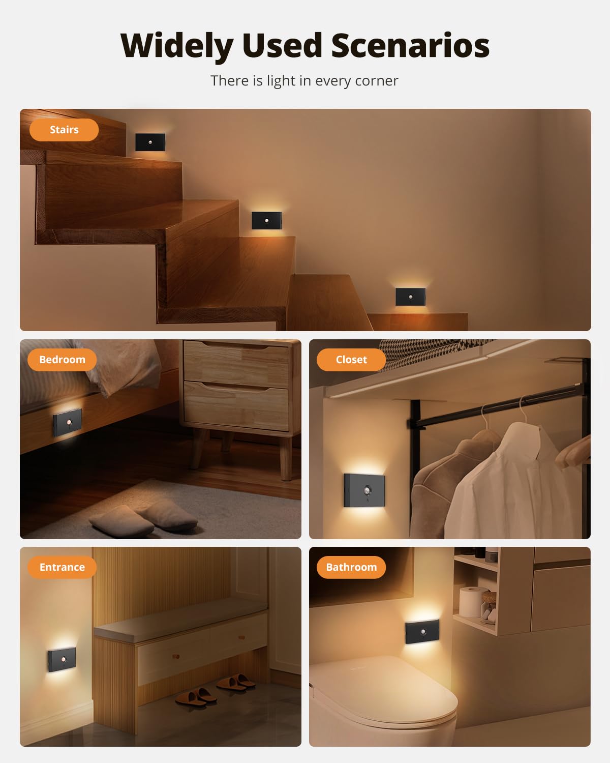 wowatt 6 Pack Rechargeable Motion Sensor Stair Lights, Black, Dimmable, Magnetic Mounting, Model WL0901111