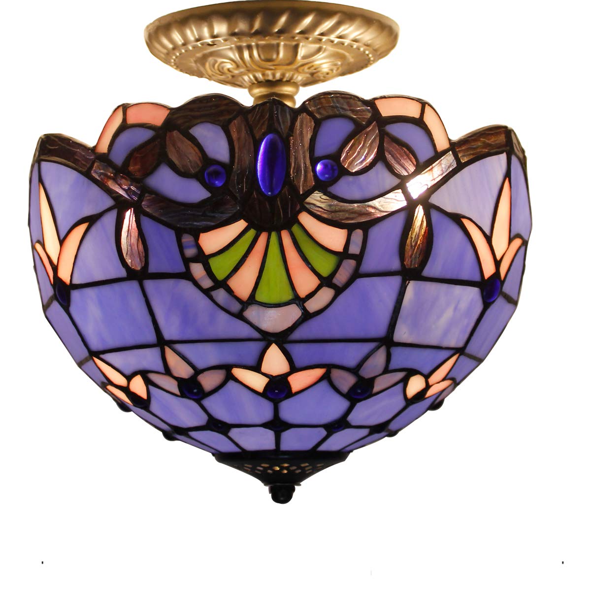 WERFACTORY Tiffany Ceiling Light Fixture, Blue Purple Baroque, Glass, 12x11 Inch, Semi Flush Mount, Model S003C Series