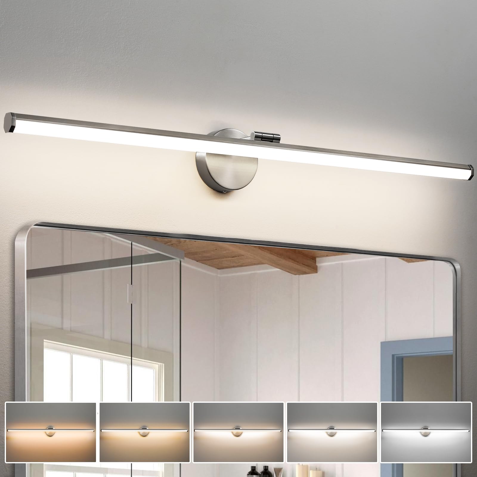 Kaisite Brushed Nickel Vanity Light 39 Inch Modern Bathroom Light Fixture Over Mirror 24W Dimmable 5Cct Led Vanity Light For Bat