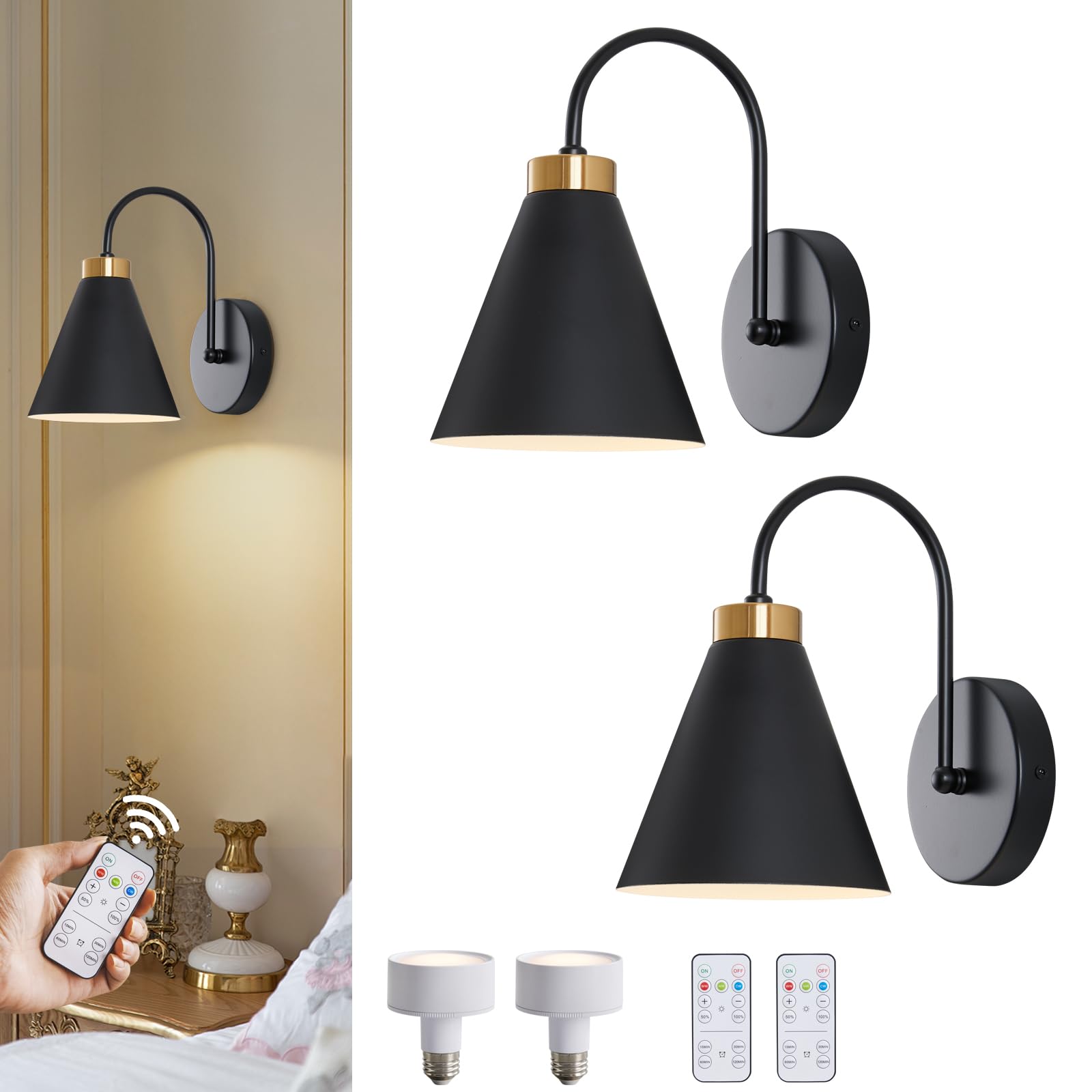 Powfloven Vintage Rechargeable Wall Sconces Set of 2, Battery Operated Bedside Wall Lamps with Remote Control, Wireless Goosenec