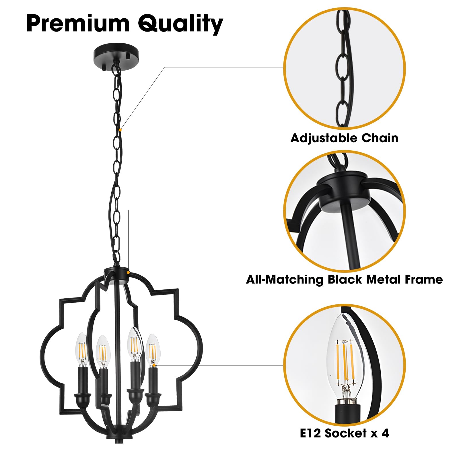Acaner 4-Light Black Farmhouse Chandelier, 15.6'' Rustic Black Lantern Light Fixtures, Orb Geometric Adjustable Height Hanging P